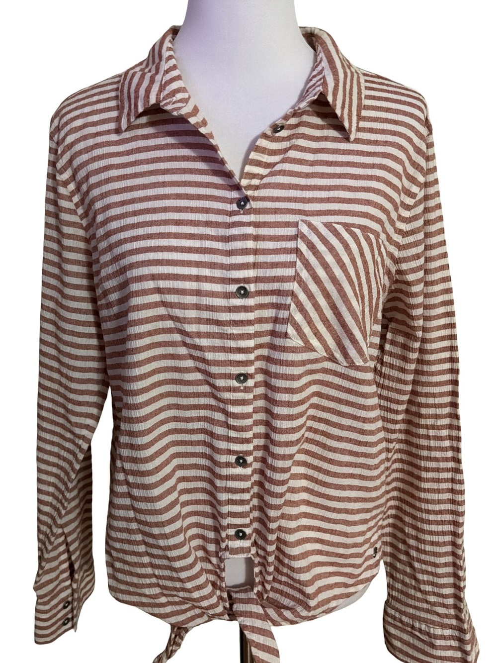 Roxy Striped Button-Down Tie-Hem Shirt - Brown & White